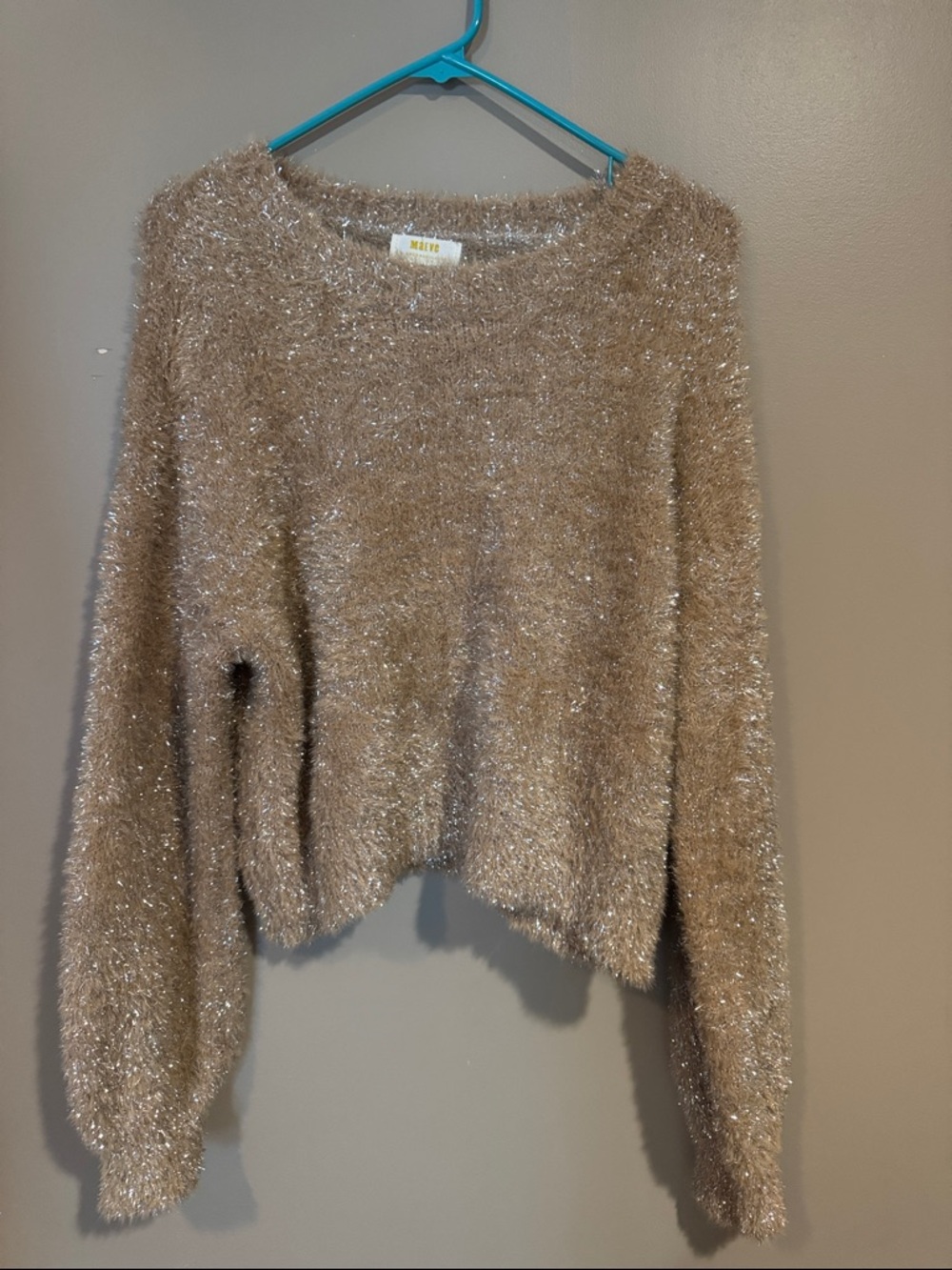 Maeve Metallic Taupe Fuzzy Crewneck Sweater